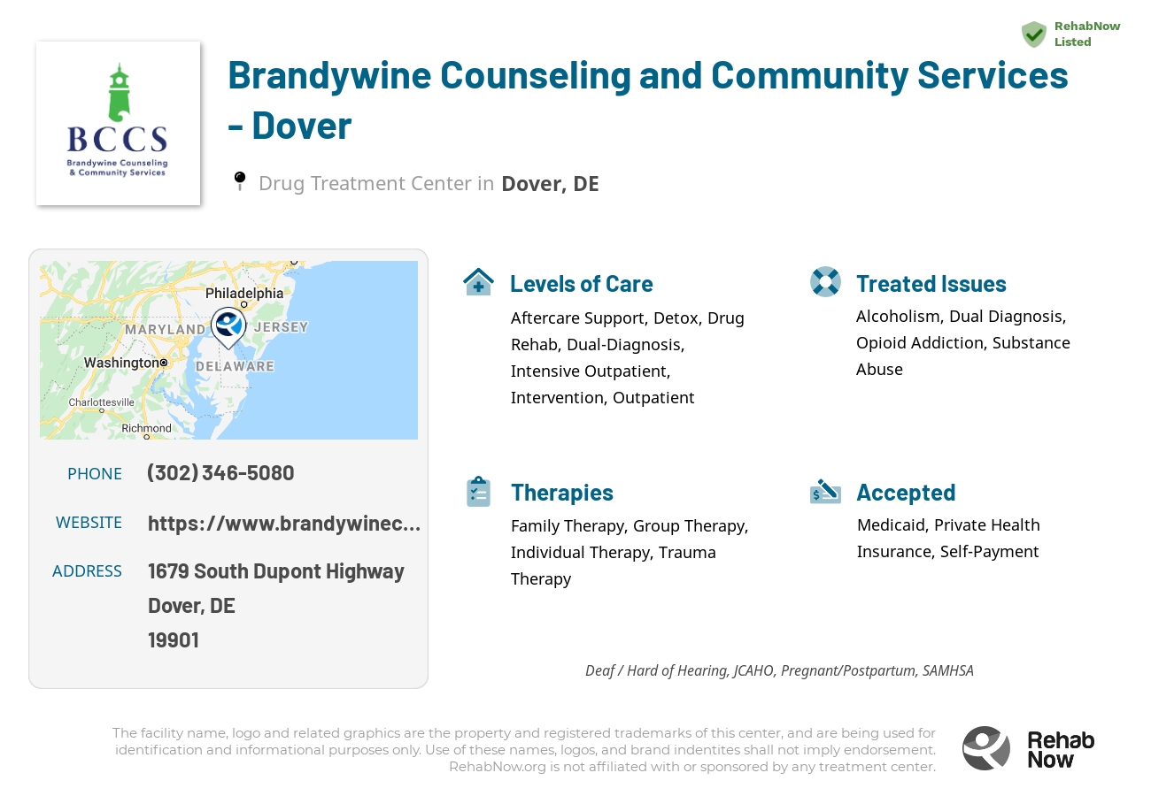 Helpful reference information for Brandywine Counseling and Community Services - Dover, a drug treatment center in Delaware located at: 1679 South Dupont Highway, Dover, DE, 19901, including phone numbers, official website, and more. Listed briefly is an overview of Levels of Care, Therapies Offered, Issues Treated, and accepted forms of Payment Methods.