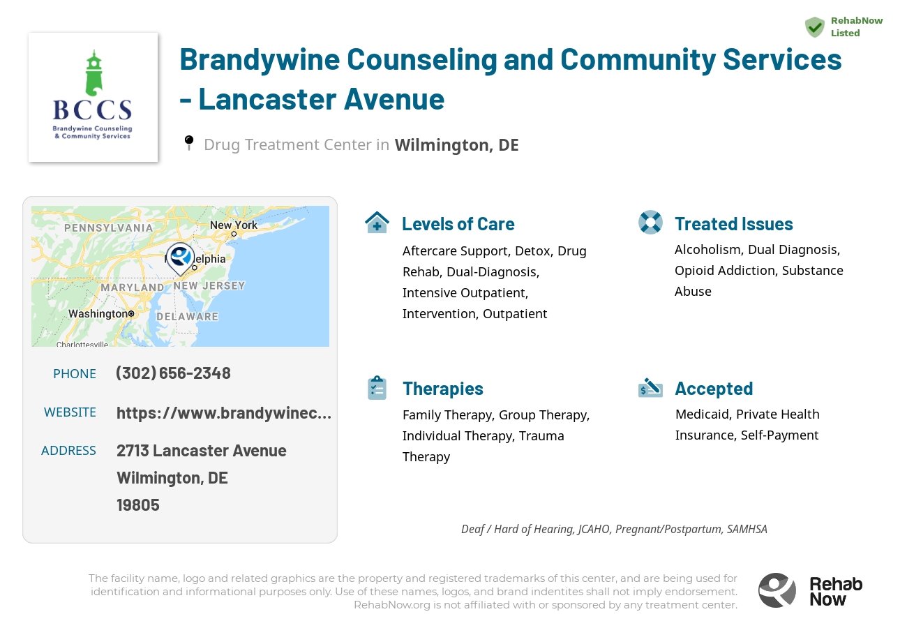 Helpful reference information for Brandywine Counseling and Community Services - Lancaster Avenue, a drug treatment center in Delaware located at: 2713 Lancaster Avenue, Wilmington, DE, 19805, including phone numbers, official website, and more. Listed briefly is an overview of Levels of Care, Therapies Offered, Issues Treated, and accepted forms of Payment Methods.