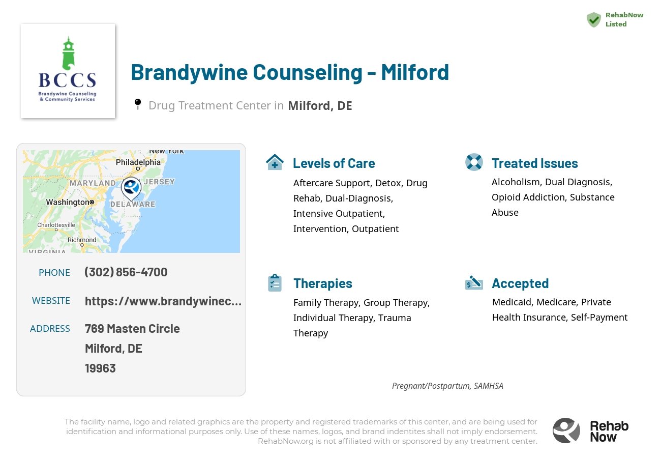Helpful reference information for Brandywine Counseling - Milford, a drug treatment center in Delaware located at: 769 Masten Circle, Milford, DE, 19963, including phone numbers, official website, and more. Listed briefly is an overview of Levels of Care, Therapies Offered, Issues Treated, and accepted forms of Payment Methods.