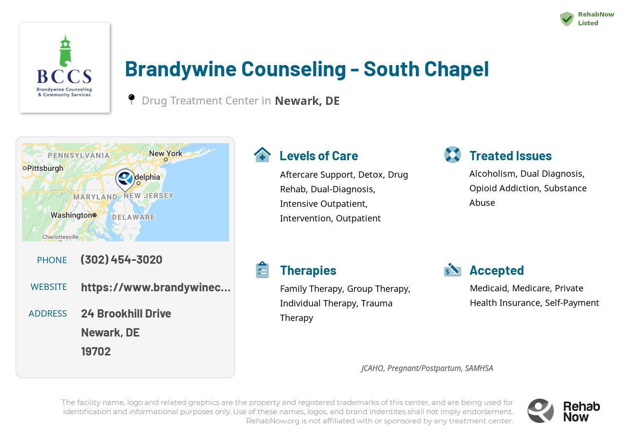 Helpful reference information for Brandywine Counseling - South Chapel, a drug treatment center in Delaware located at: 24 Brookhill Drive, Newark, DE, 19702, including phone numbers, official website, and more. Listed briefly is an overview of Levels of Care, Therapies Offered, Issues Treated, and accepted forms of Payment Methods.