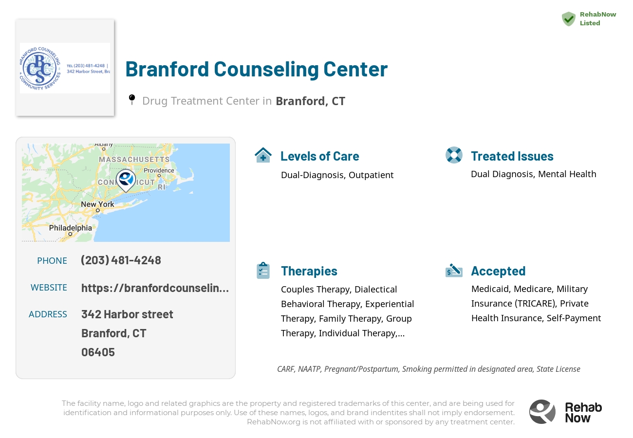Helpful reference information for Branford Counseling Center, a drug treatment center in Connecticut located at: 342 Harbor street, Branford, CT, 06405, including phone numbers, official website, and more. Listed briefly is an overview of Levels of Care, Therapies Offered, Issues Treated, and accepted forms of Payment Methods.