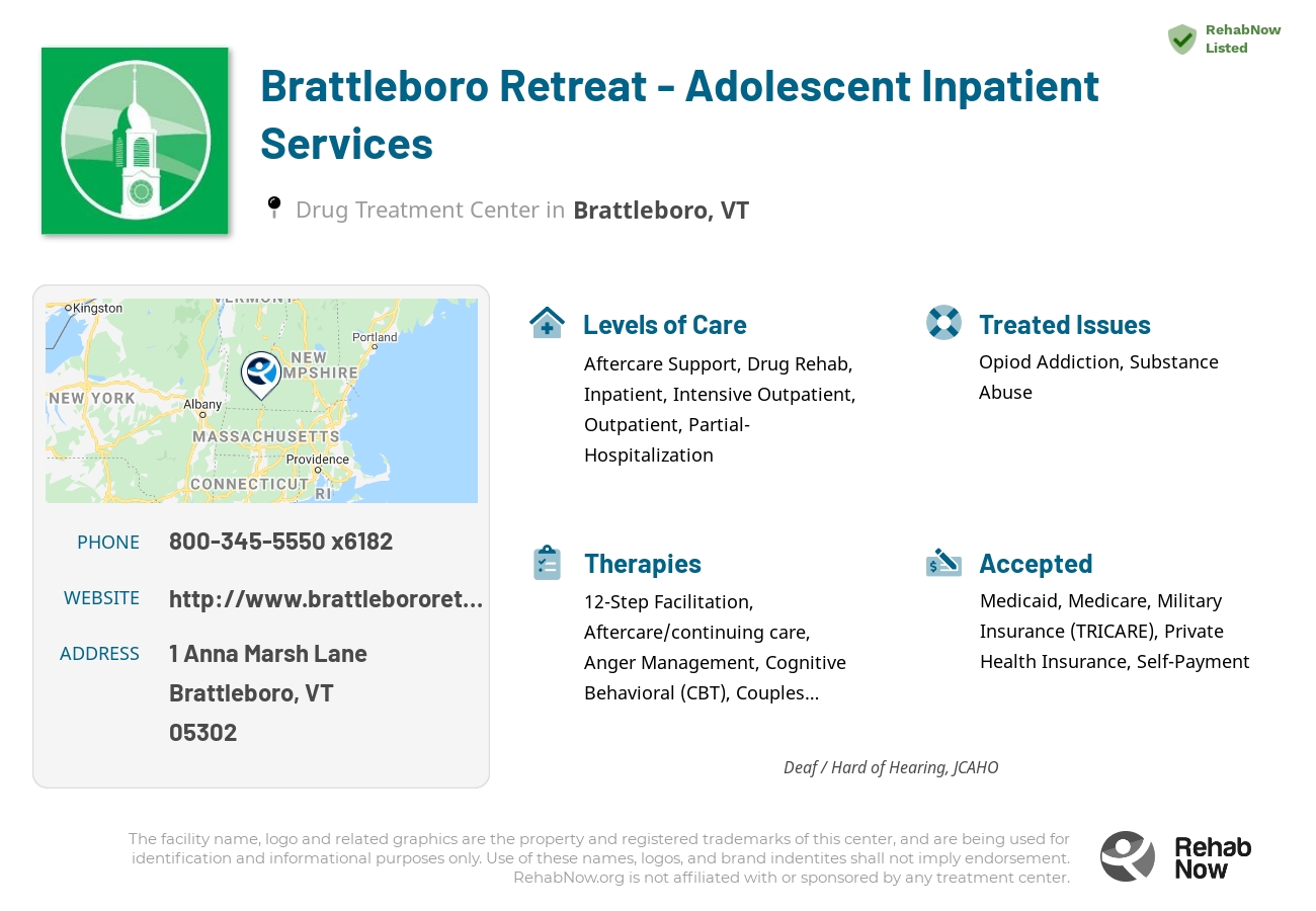 Helpful reference information for Brattleboro Retreat - Adolescent Inpatient Services, a drug treatment center in Vermont located at: 1 Anna Marsh Lane, Brattleboro, VT 05302, including phone numbers, official website, and more. Listed briefly is an overview of Levels of Care, Therapies Offered, Issues Treated, and accepted forms of Payment Methods.