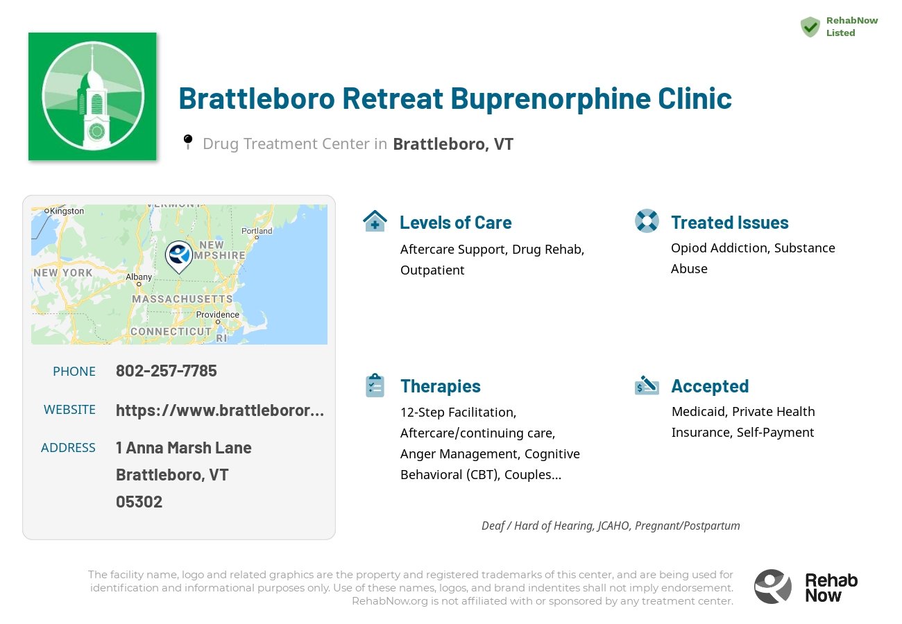 Helpful reference information for Brattleboro Retreat Buprenorphine Clinic, a drug treatment center in Vermont located at: 1 Anna Marsh Lane, Brattleboro, VT 05302, including phone numbers, official website, and more. Listed briefly is an overview of Levels of Care, Therapies Offered, Issues Treated, and accepted forms of Payment Methods.