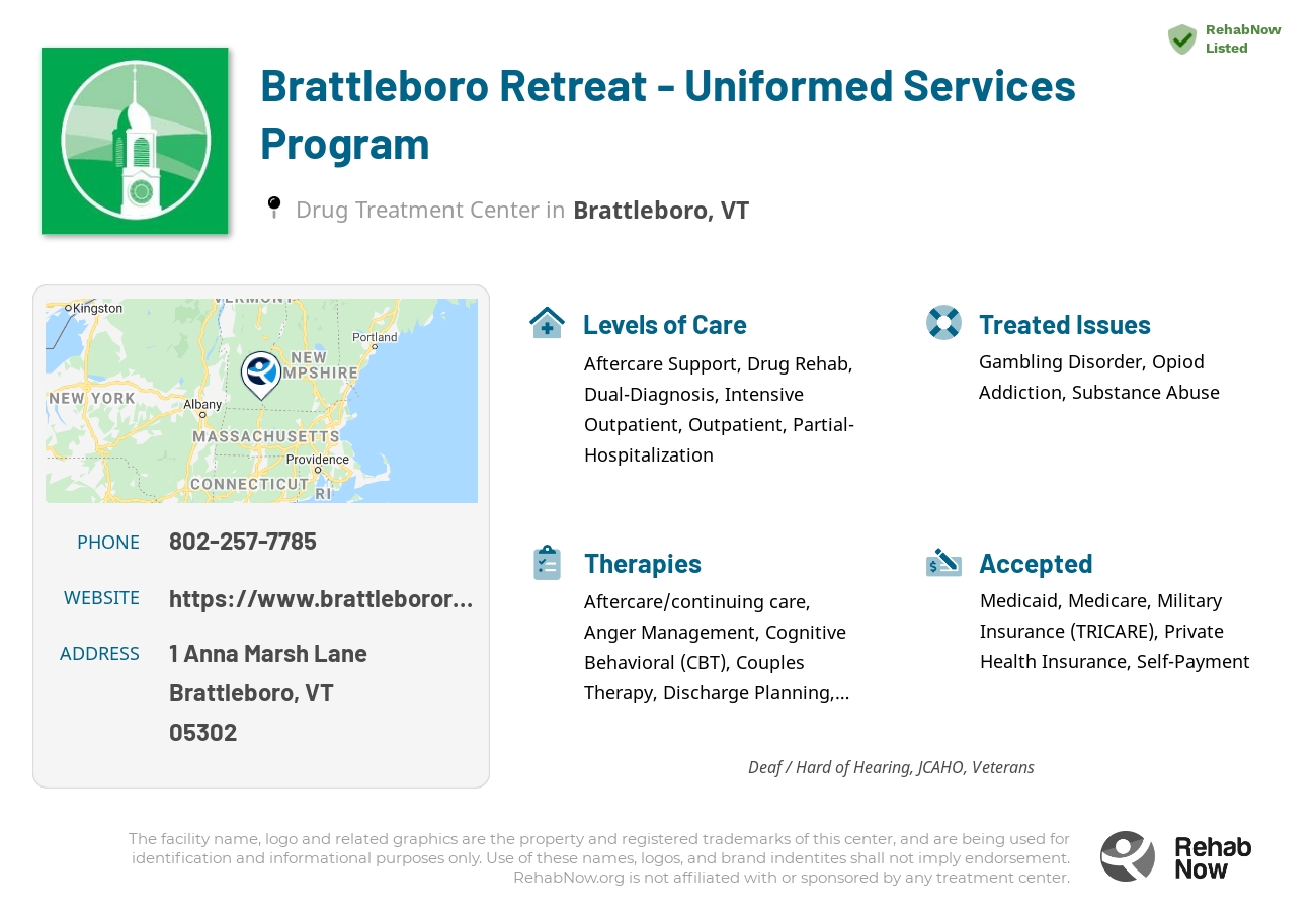 Helpful reference information for Brattleboro Retreat - Uniformed Services Program, a drug treatment center in Vermont located at: 1 Anna Marsh Lane, Brattleboro, VT 05302, including phone numbers, official website, and more. Listed briefly is an overview of Levels of Care, Therapies Offered, Issues Treated, and accepted forms of Payment Methods.