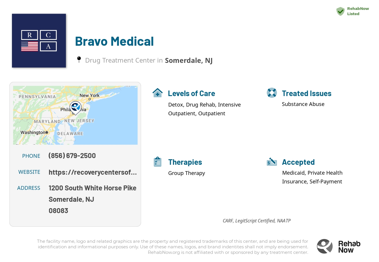 Helpful reference information for Bravo Medical, a drug treatment center in New Jersey located at: 1200 South White Horse Pike, Somerdale, NJ, 08083, including phone numbers, official website, and more. Listed briefly is an overview of Levels of Care, Therapies Offered, Issues Treated, and accepted forms of Payment Methods.
