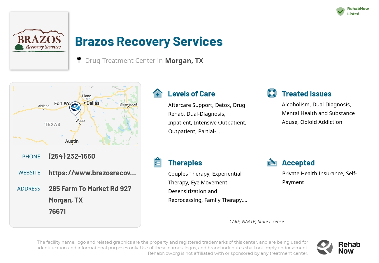 Helpful reference information for Brazos Recovery Services, a drug treatment center in Texas located at: 265 Farm To Market Rd 927, Morgan, TX 76671, including phone numbers, official website, and more. Listed briefly is an overview of Levels of Care, Therapies Offered, Issues Treated, and accepted forms of Payment Methods.