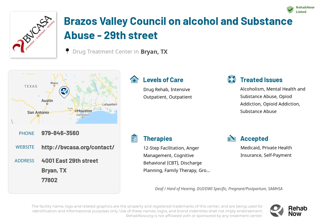 Helpful reference information for Brazos Valley Council on alcohol and Substance Abuse - 29th street, a drug treatment center in Texas located at: 4001 East 29th street, Bryan, TX, 77802, including phone numbers, official website, and more. Listed briefly is an overview of Levels of Care, Therapies Offered, Issues Treated, and accepted forms of Payment Methods.