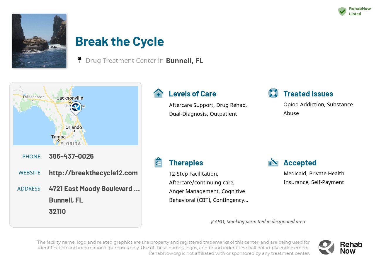 Helpful reference information for Break the Cycle, a drug treatment center in Florida located at: 4721 East Moody Boulevard Suite 107, Bunnell, FL 32110, including phone numbers, official website, and more. Listed briefly is an overview of Levels of Care, Therapies Offered, Issues Treated, and accepted forms of Payment Methods.