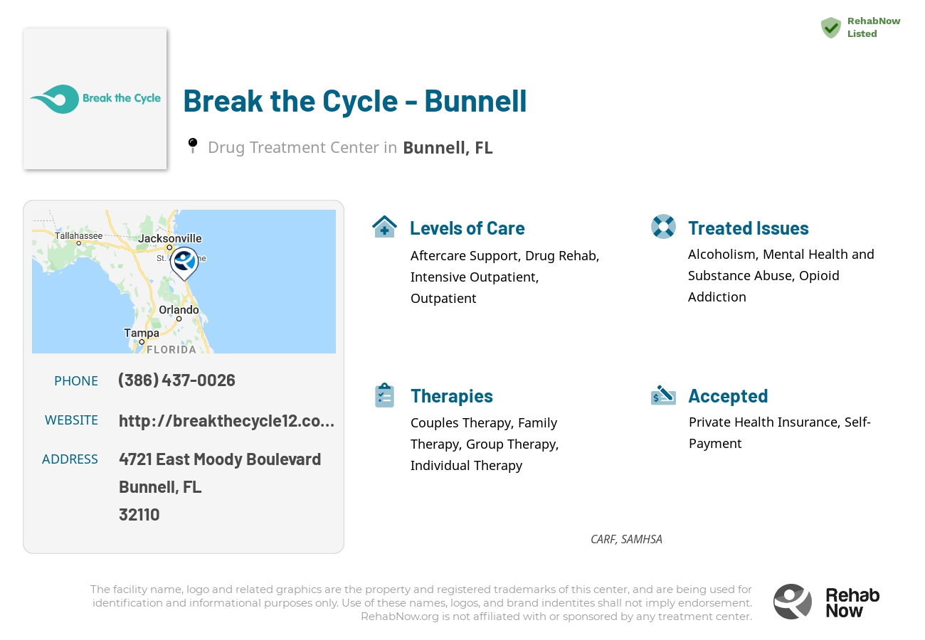 Helpful reference information for Break the Cycle - Bunnell, a drug treatment center in Florida located at: 4721 East Moody Boulevard, Bunnell, FL, 32110, including phone numbers, official website, and more. Listed briefly is an overview of Levels of Care, Therapies Offered, Issues Treated, and accepted forms of Payment Methods.