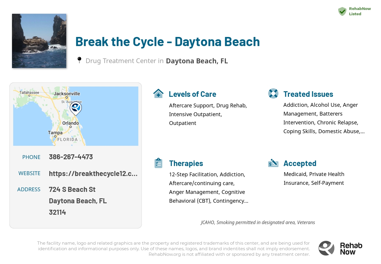 Helpful reference information for Break the Cycle - Daytona Beach, a drug treatment center in Florida located at: 724 S Beach St, Daytona Beach, FL 32114, including phone numbers, official website, and more. Listed briefly is an overview of Levels of Care, Therapies Offered, Issues Treated, and accepted forms of Payment Methods.