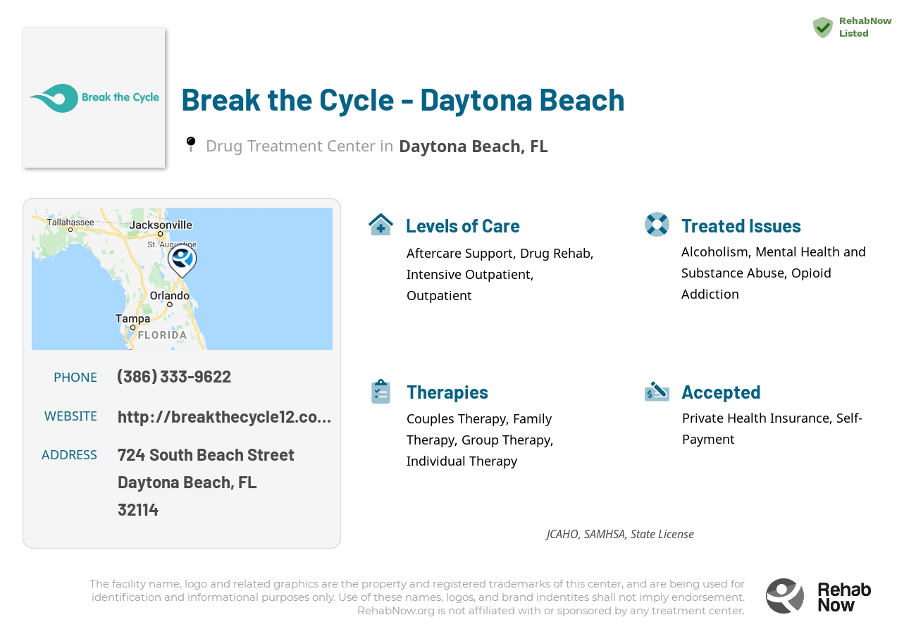 Helpful reference information for Break the Cycle - Daytona Beach, a drug treatment center in Florida located at: 724 South Beach Street, Daytona Beach, FL, 32114, including phone numbers, official website, and more. Listed briefly is an overview of Levels of Care, Therapies Offered, Issues Treated, and accepted forms of Payment Methods.