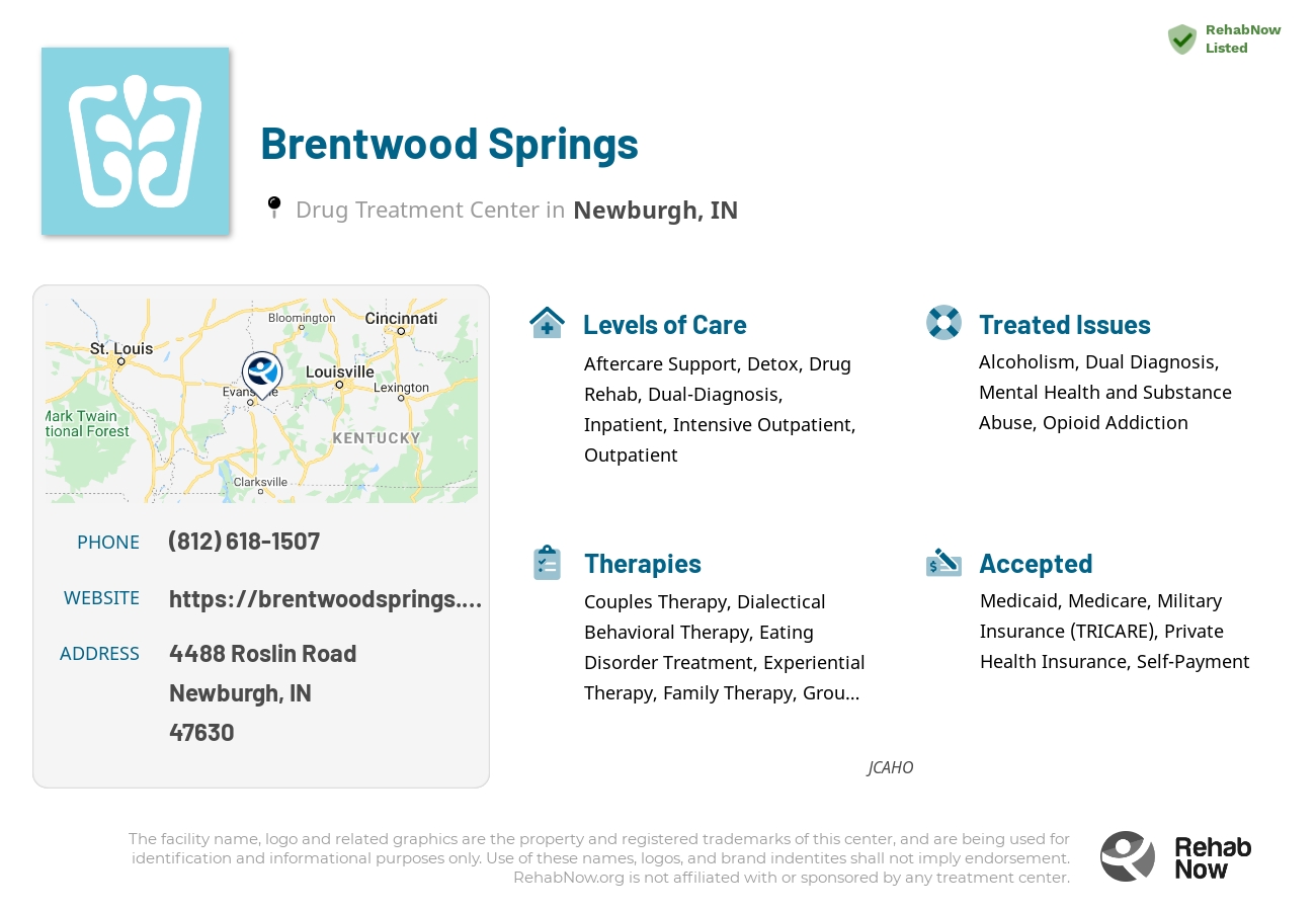 Helpful reference information for Brentwood Springs, a drug treatment center in Indiana located at: 4488 Roslin Road, Newburgh, IN, 47630, including phone numbers, official website, and more. Listed briefly is an overview of Levels of Care, Therapies Offered, Issues Treated, and accepted forms of Payment Methods.