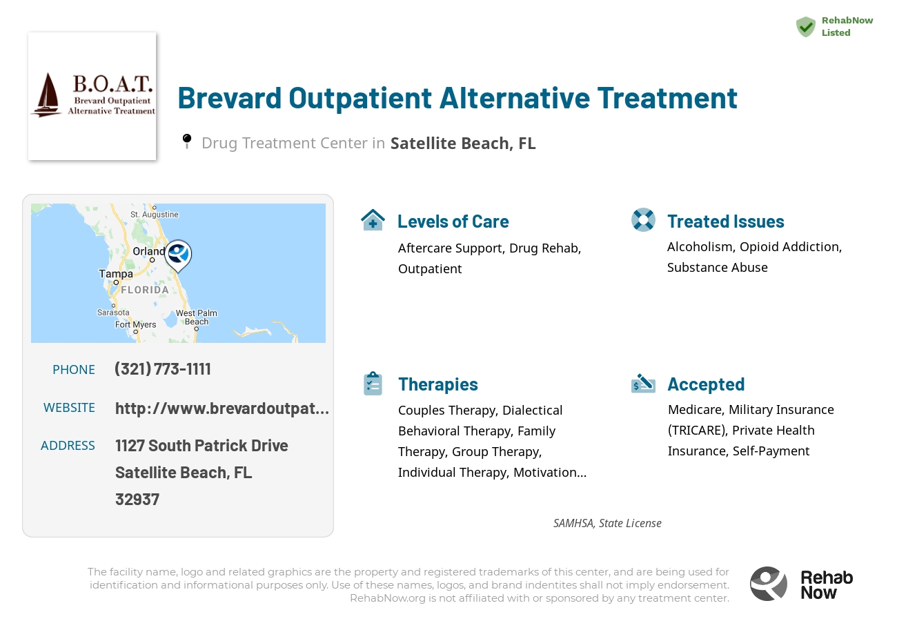 Helpful reference information for Brevard Outpatient Alternative Treatment, a drug treatment center in Florida located at: 1127 South Patrick Drive, Satellite Beach, FL, 32937, including phone numbers, official website, and more. Listed briefly is an overview of Levels of Care, Therapies Offered, Issues Treated, and accepted forms of Payment Methods.