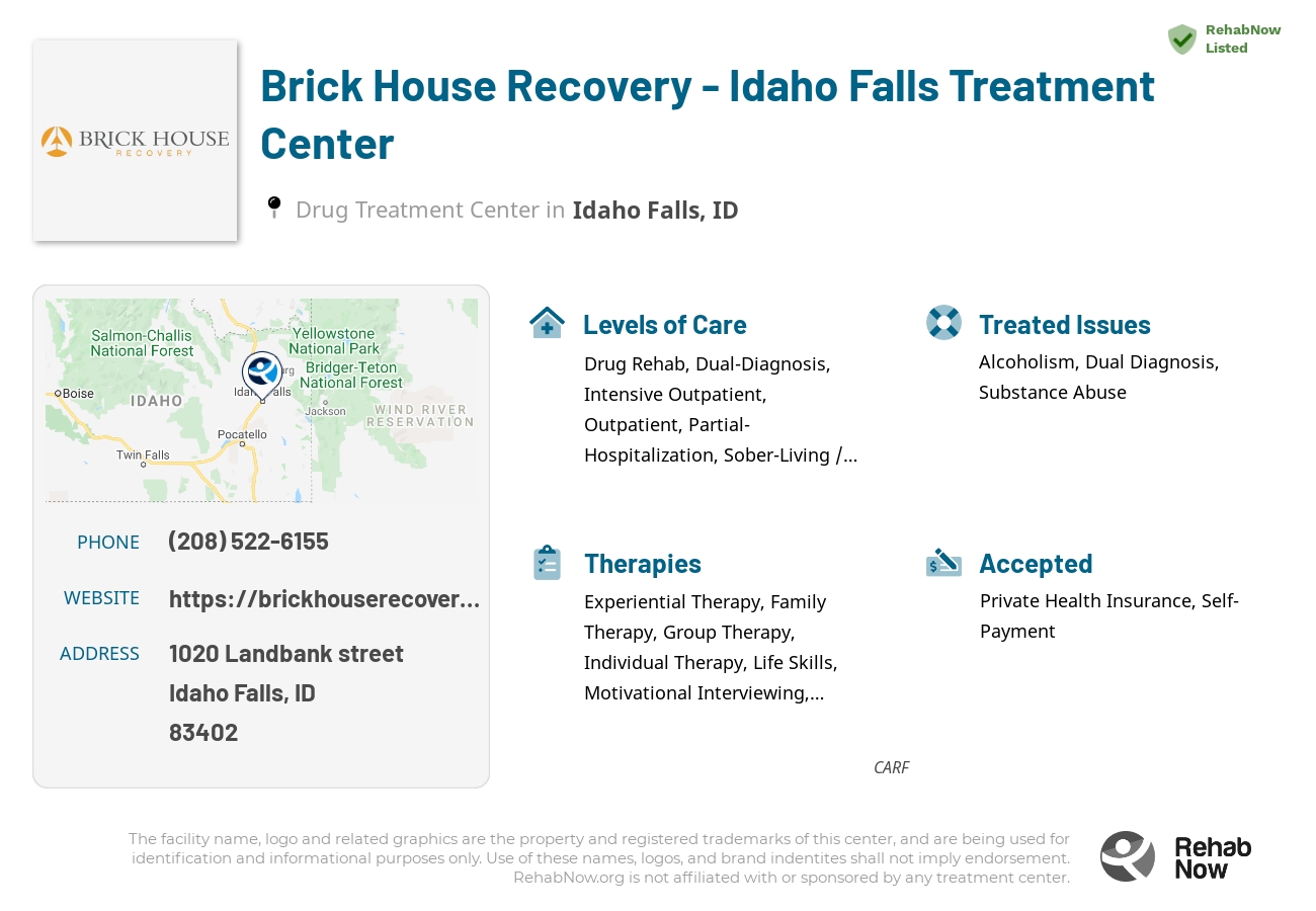 Helpful reference information for Brick House Recovery - Idaho Falls Treatment Center, a drug treatment center in Idaho located at: 1020 Landbank street, Idaho Falls, ID, 83402, including phone numbers, official website, and more. Listed briefly is an overview of Levels of Care, Therapies Offered, Issues Treated, and accepted forms of Payment Methods.