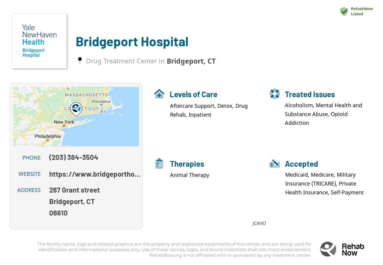 Helpful reference information for Bridgeport Hospital, a drug treatment center in Connecticut located at: 267 Grant street, Bridgeport, CT, 06610, including phone numbers, official website, and more. Listed briefly is an overview of Levels of Care, Therapies Offered, Issues Treated, and accepted forms of Payment Methods.