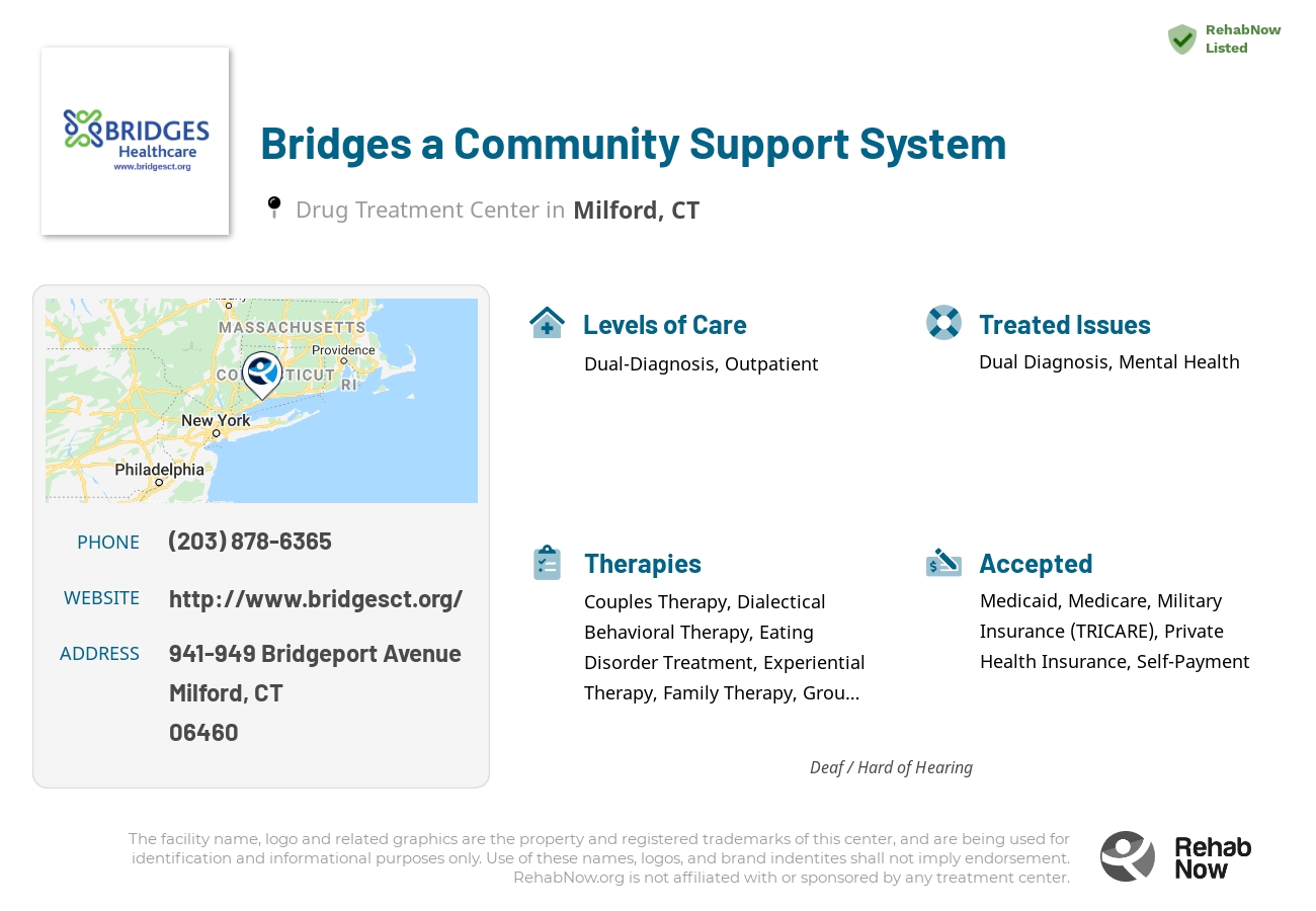 Helpful reference information for Bridges a Community Support System, a drug treatment center in Connecticut located at: 941-949 Bridgeport Avenue, Milford, CT, 06460, including phone numbers, official website, and more. Listed briefly is an overview of Levels of Care, Therapies Offered, Issues Treated, and accepted forms of Payment Methods.