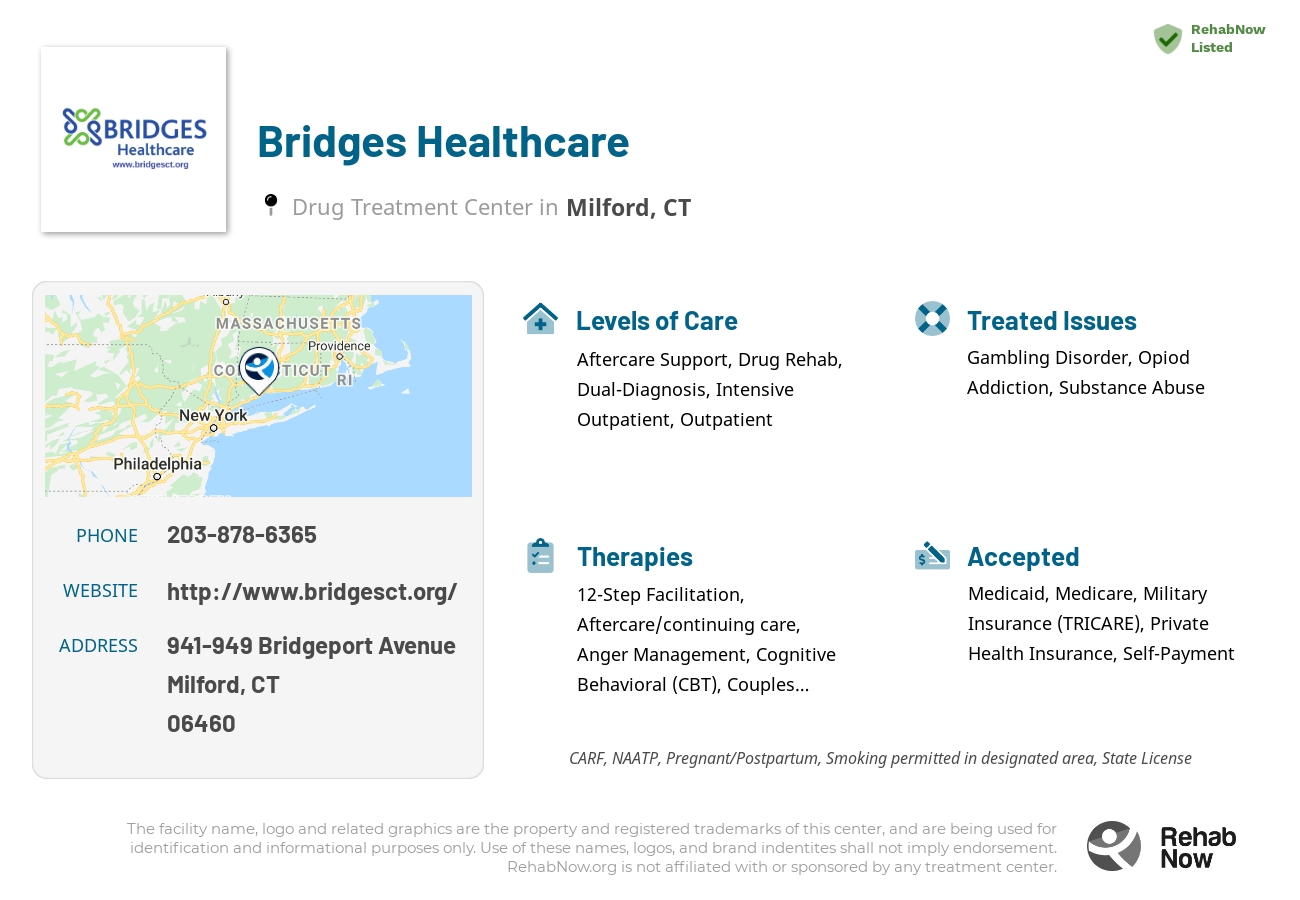 Helpful reference information for Bridges Healthcare, a drug treatment center in Connecticut located at: 941-949 Bridgeport Avenue, Milford, CT 06460, including phone numbers, official website, and more. Listed briefly is an overview of Levels of Care, Therapies Offered, Issues Treated, and accepted forms of Payment Methods.