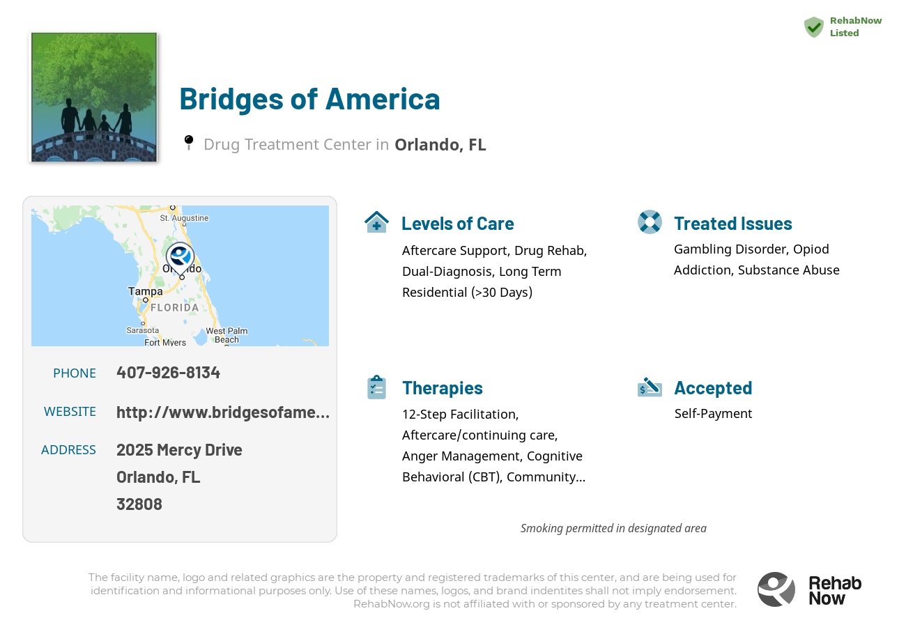 Helpful reference information for Bridges of America, a drug treatment center in Florida located at: 2025 Mercy Drive, Orlando, FL 32808, including phone numbers, official website, and more. Listed briefly is an overview of Levels of Care, Therapies Offered, Issues Treated, and accepted forms of Payment Methods.