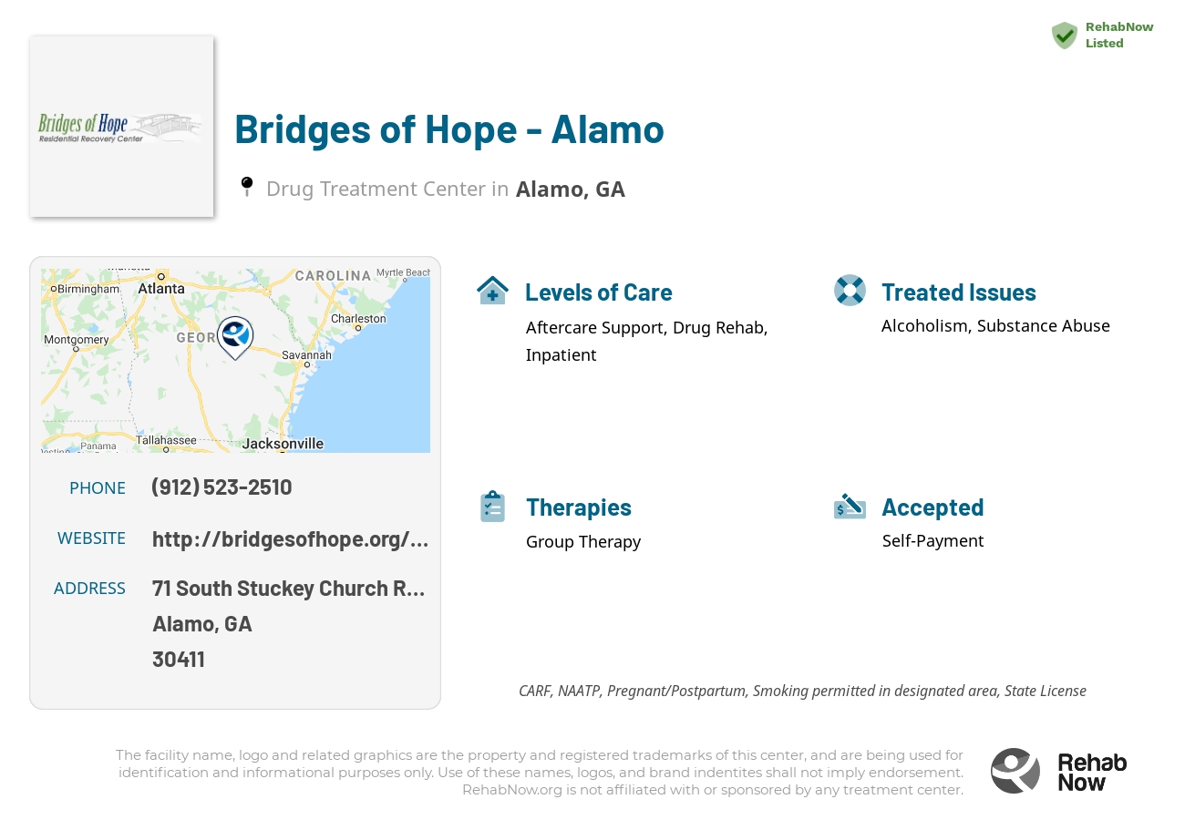 Helpful reference information for Bridges of Hope - Alamo, a drug treatment center in Georgia located at: 71 South Stuckey Church Road, Alamo, GA 30411, including phone numbers, official website, and more. Listed briefly is an overview of Levels of Care, Therapies Offered, Issues Treated, and accepted forms of Payment Methods.
