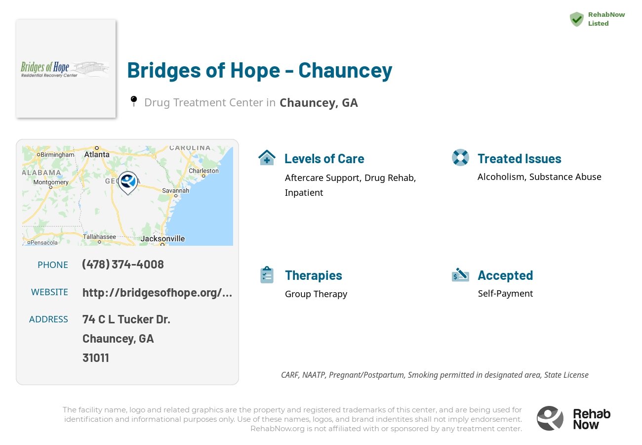 Helpful reference information for Bridges of Hope - Chauncey, a drug treatment center in Georgia located at: 74 74 C L Tucker Dr., Chauncey, GA 31011, including phone numbers, official website, and more. Listed briefly is an overview of Levels of Care, Therapies Offered, Issues Treated, and accepted forms of Payment Methods.