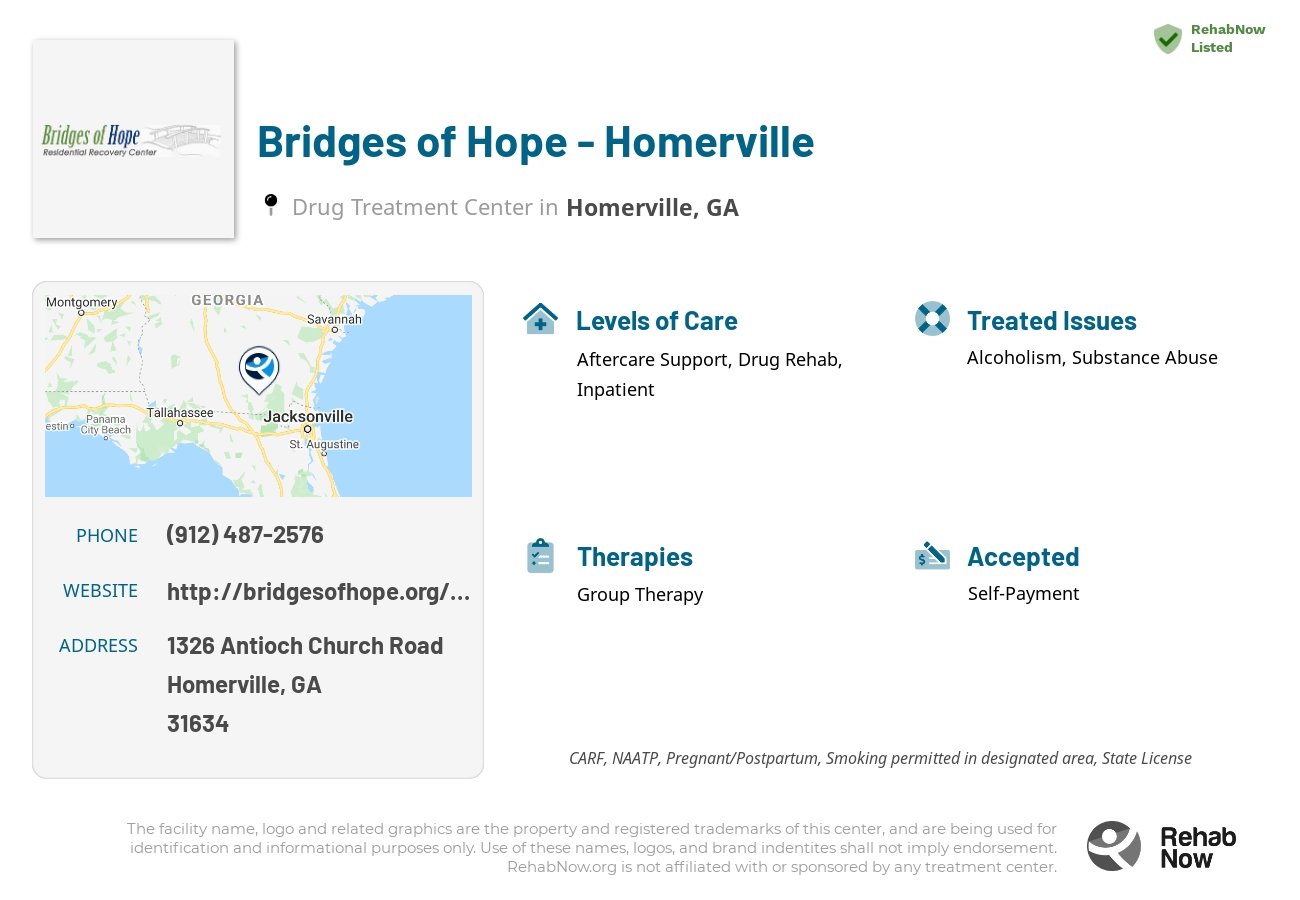 Helpful reference information for Bridges of Hope - Homerville, a drug treatment center in Georgia located at: 1326 1326 Antioch Church Road, Homerville, GA 31634, including phone numbers, official website, and more. Listed briefly is an overview of Levels of Care, Therapies Offered, Issues Treated, and accepted forms of Payment Methods.
