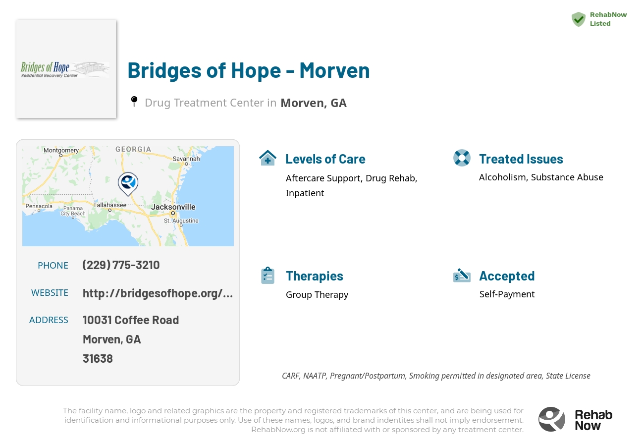 Helpful reference information for Bridges of Hope - Morven, a drug treatment center in Georgia located at: 10031 10031 Coffee Road, Morven, GA 31638, including phone numbers, official website, and more. Listed briefly is an overview of Levels of Care, Therapies Offered, Issues Treated, and accepted forms of Payment Methods.