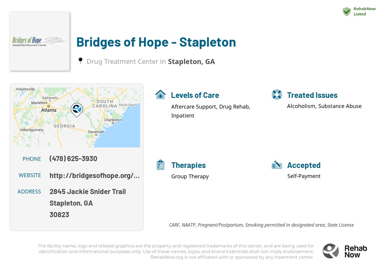 Helpful reference information for Bridges of Hope - Stapleton, a drug treatment center in Georgia located at: 2845 2845 Jackie Snider Trail, Stapleton, GA 30823, including phone numbers, official website, and more. Listed briefly is an overview of Levels of Care, Therapies Offered, Issues Treated, and accepted forms of Payment Methods.