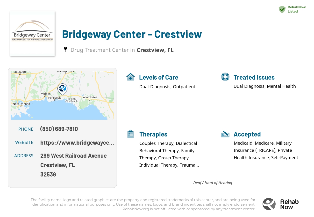Helpful reference information for Bridgeway Center - Crestview, a drug treatment center in Florida located at: 299 West Railroad Avenue, Crestview, FL, 32536, including phone numbers, official website, and more. Listed briefly is an overview of Levels of Care, Therapies Offered, Issues Treated, and accepted forms of Payment Methods.