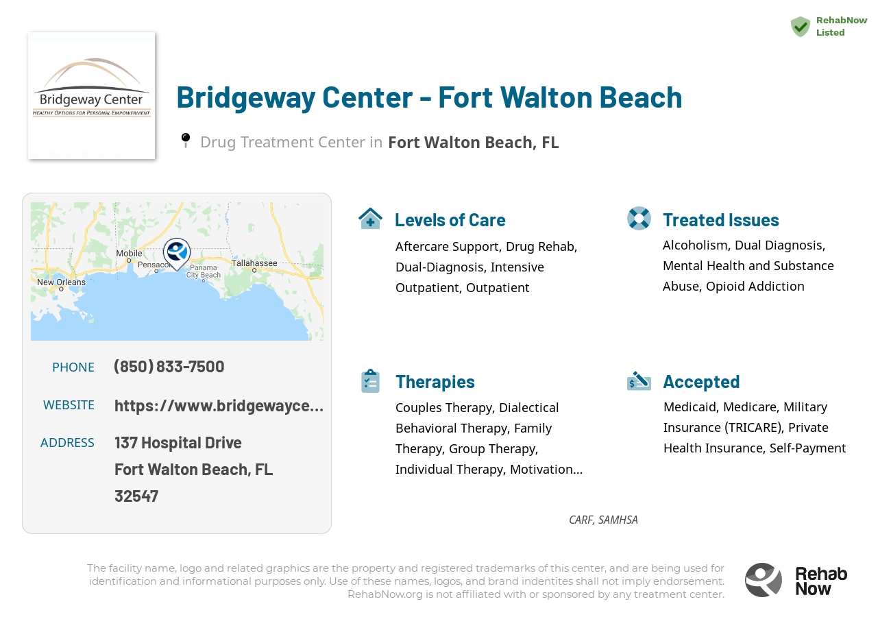 Helpful reference information for Bridgeway Center - Fort Walton Beach, a drug treatment center in Florida located at: 137 Hospital Drive, Fort Walton Beach, FL, 32547, including phone numbers, official website, and more. Listed briefly is an overview of Levels of Care, Therapies Offered, Issues Treated, and accepted forms of Payment Methods.