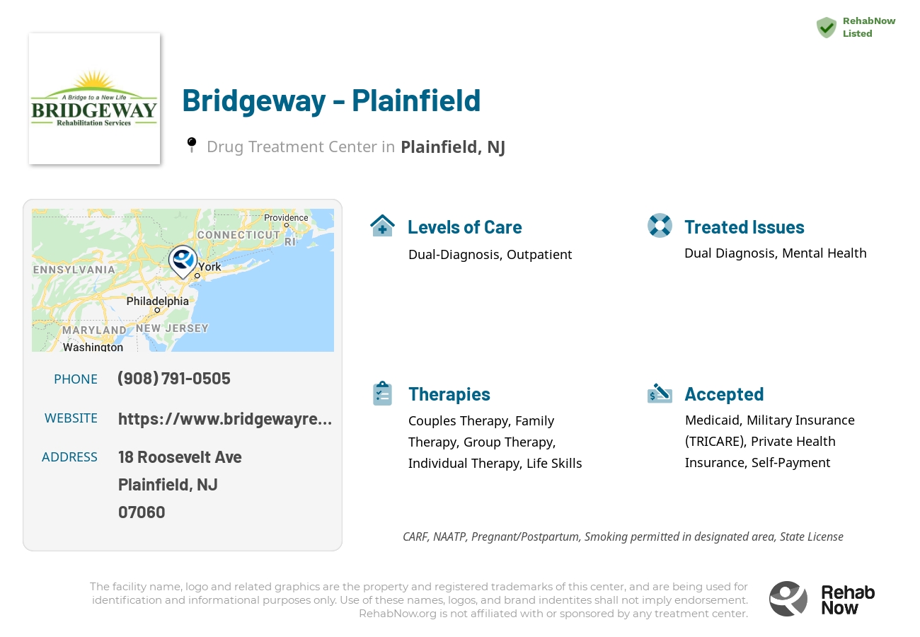 Helpful reference information for Bridgeway - Plainfield, a drug treatment center in New Jersey located at: 18 Roosevelt Ave, Plainfield, NJ 07060, including phone numbers, official website, and more. Listed briefly is an overview of Levels of Care, Therapies Offered, Issues Treated, and accepted forms of Payment Methods.
