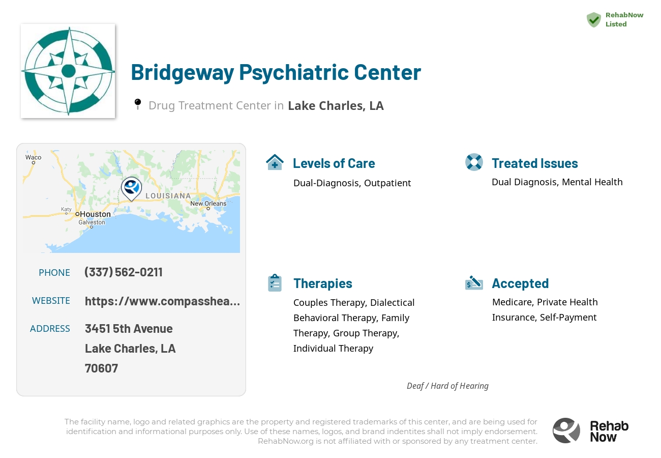 Helpful reference information for Bridgeway Psychiatric Center, a drug treatment center in Louisiana located at: 3451 3451 5th Avenue, Lake Charles, LA 70607, including phone numbers, official website, and more. Listed briefly is an overview of Levels of Care, Therapies Offered, Issues Treated, and accepted forms of Payment Methods.