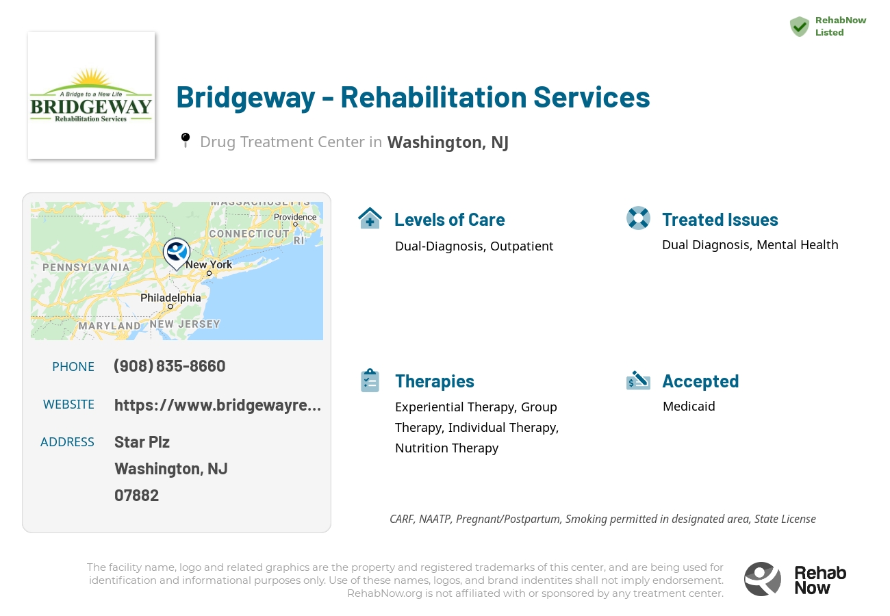 Helpful reference information for Bridgeway - Rehabilitation Services, a drug treatment center in New Jersey located at: Star Plz, Washington, NJ 07882, including phone numbers, official website, and more. Listed briefly is an overview of Levels of Care, Therapies Offered, Issues Treated, and accepted forms of Payment Methods.