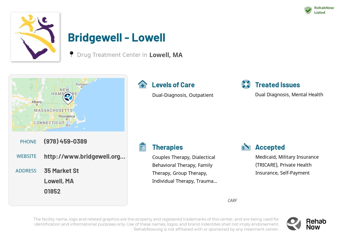 Helpful reference information for Bridgewell - Lowell, a drug treatment center in Massachusetts located at: 35 Market St, Lowell, MA 01852, including phone numbers, official website, and more. Listed briefly is an overview of Levels of Care, Therapies Offered, Issues Treated, and accepted forms of Payment Methods.
