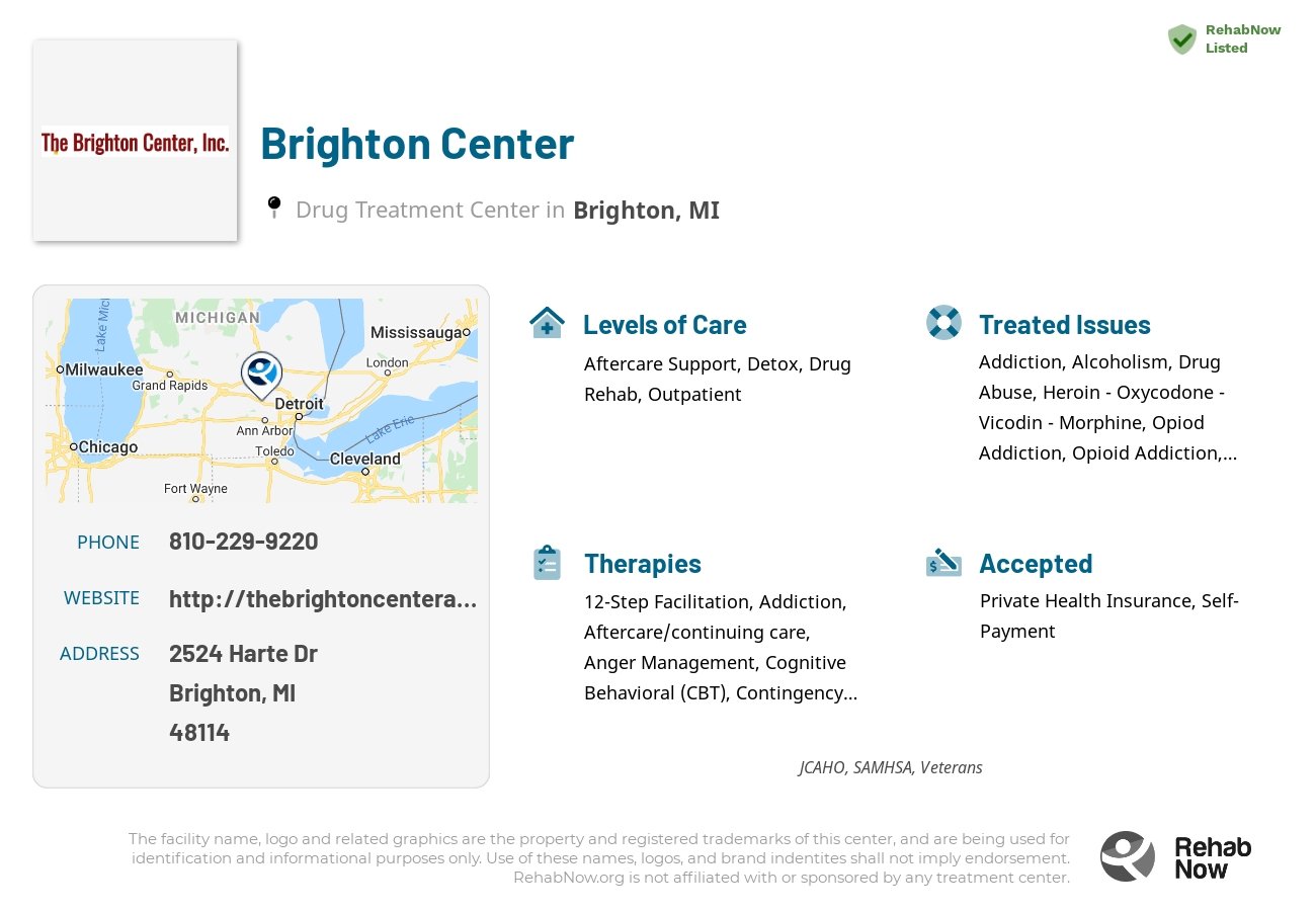 Helpful reference information for Brighton Center, a drug treatment center in Michigan located at: 2524 Harte Dr, Brighton, MI 48114, including phone numbers, official website, and more. Listed briefly is an overview of Levels of Care, Therapies Offered, Issues Treated, and accepted forms of Payment Methods.