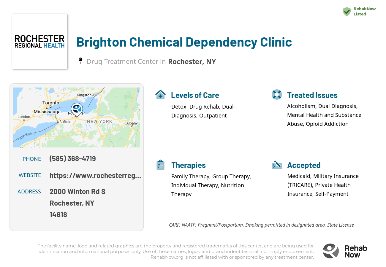 Helpful reference information for Brighton Chemical Dependency Clinic, a drug treatment center in New York located at: 2000 Winton Rd S, Rochester, NY 14618, including phone numbers, official website, and more. Listed briefly is an overview of Levels of Care, Therapies Offered, Issues Treated, and accepted forms of Payment Methods.