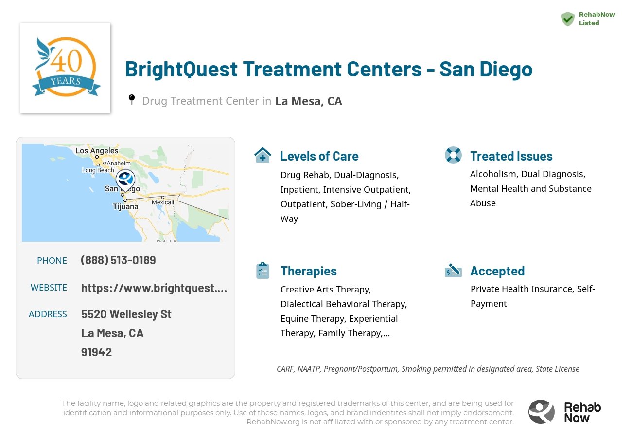 Helpful reference information for BrightQuest Treatment Centers - San Diego, a drug treatment center in California located at: 5520 Wellesley St, La Mesa, CA 91942, including phone numbers, official website, and more. Listed briefly is an overview of Levels of Care, Therapies Offered, Issues Treated, and accepted forms of Payment Methods.