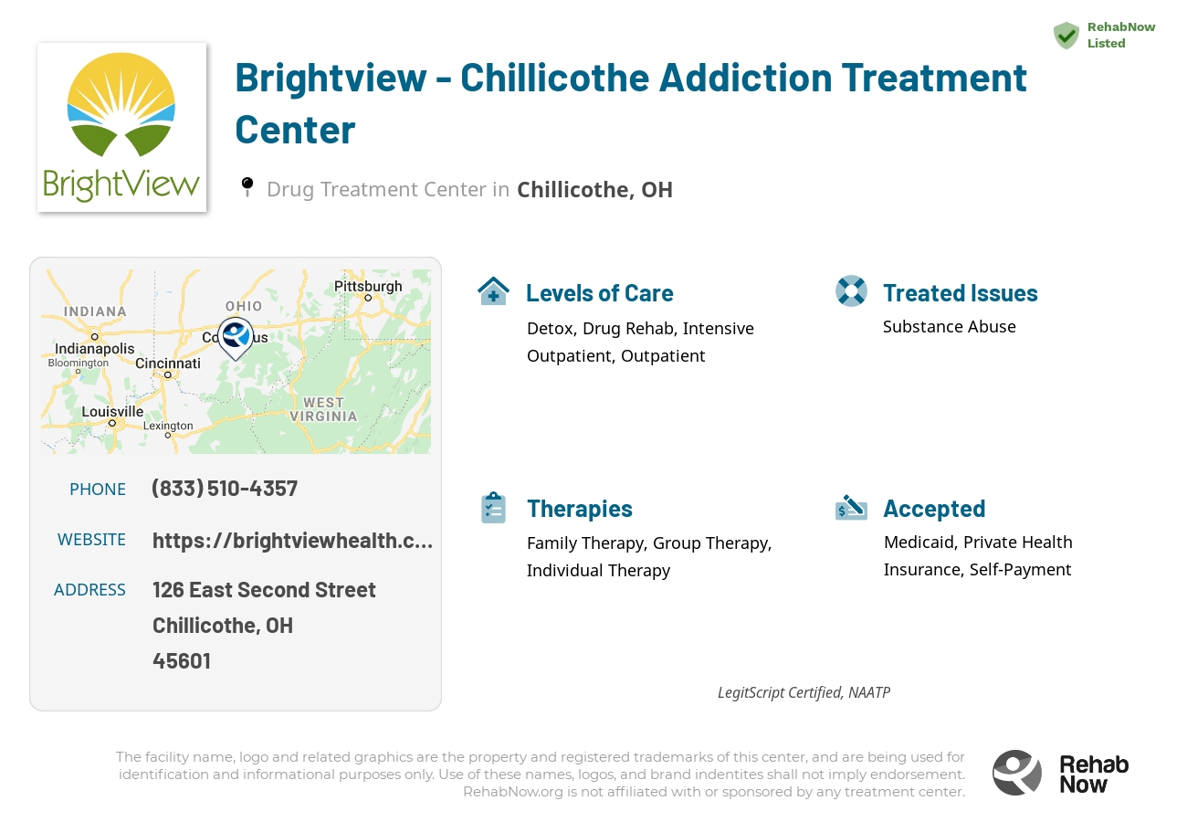 Helpful reference information for Brightview - Chillicothe Addiction Treatment Center, a drug treatment center in Ohio located at: 126 East Second Street, Chillicothe, OH, 45601, including phone numbers, official website, and more. Listed briefly is an overview of Levels of Care, Therapies Offered, Issues Treated, and accepted forms of Payment Methods.