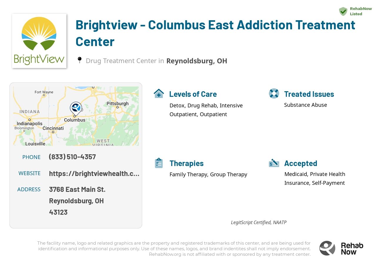 Helpful reference information for Brightview - Columbus East Addiction Treatment Center, a drug treatment center in Ohio located at: 3768 East Main St., Reynoldsburg, OH, 43123, including phone numbers, official website, and more. Listed briefly is an overview of Levels of Care, Therapies Offered, Issues Treated, and accepted forms of Payment Methods.