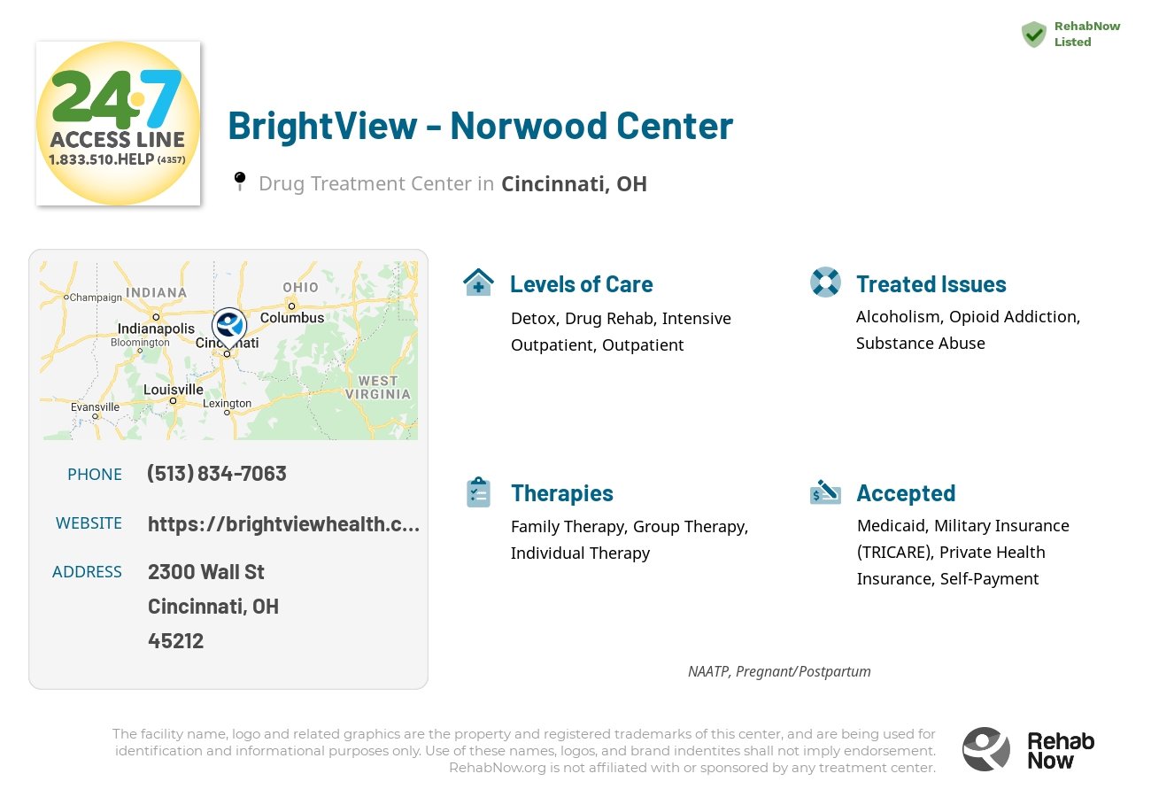 Helpful reference information for BrightView - Norwood Center, a drug treatment center in Ohio located at: 2300 Wall St, Cincinnati, OH 45212, including phone numbers, official website, and more. Listed briefly is an overview of Levels of Care, Therapies Offered, Issues Treated, and accepted forms of Payment Methods.