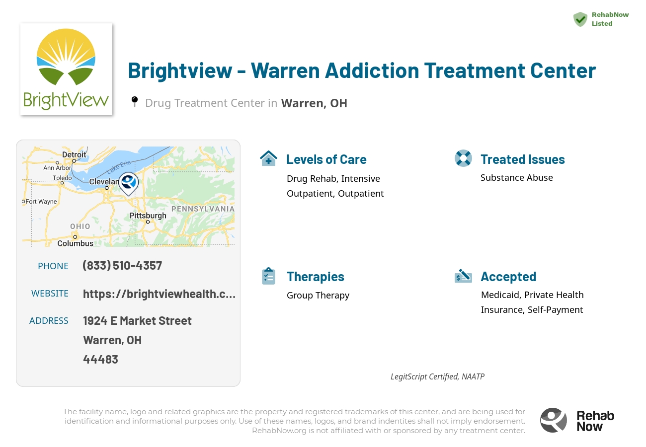 Helpful reference information for Brightview - Warren Addiction Treatment Center, a drug treatment center in Ohio located at: 1924 E Market Street, Warren, OH, 44483, including phone numbers, official website, and more. Listed briefly is an overview of Levels of Care, Therapies Offered, Issues Treated, and accepted forms of Payment Methods.