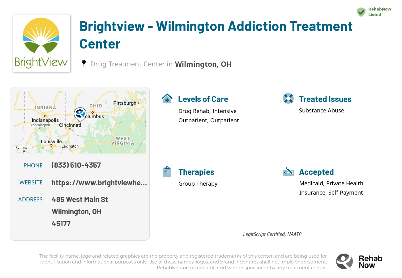 Helpful reference information for Brightview - Wilmington Addiction Treatment Center, a drug treatment center in Ohio located at: 485 West Main St, Wilmington, OH, 45177, including phone numbers, official website, and more. Listed briefly is an overview of Levels of Care, Therapies Offered, Issues Treated, and accepted forms of Payment Methods.