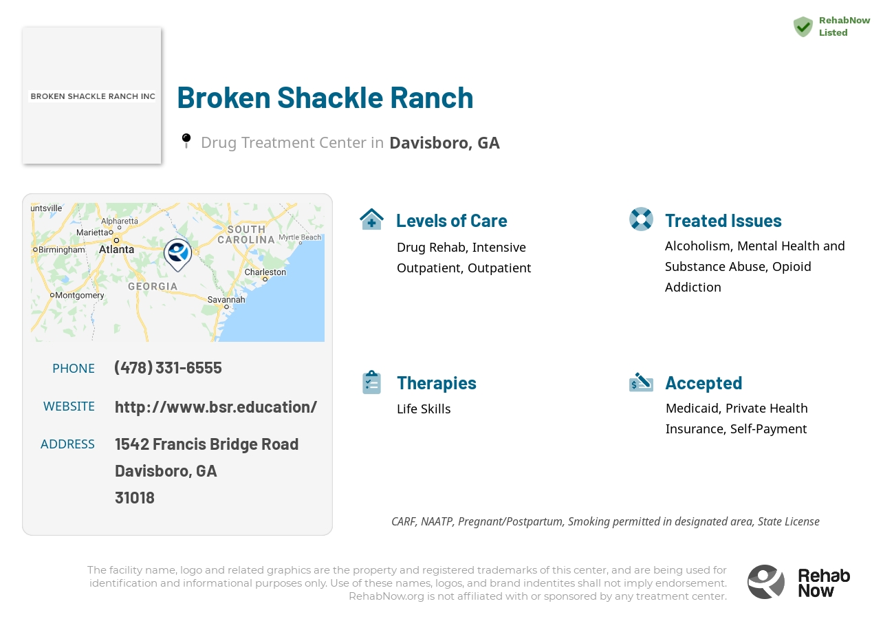 Helpful reference information for Broken Shackle Ranch, a drug treatment center in Georgia located at: 1542 1542 Francis Bridge Road, Davisboro, GA 31018, including phone numbers, official website, and more. Listed briefly is an overview of Levels of Care, Therapies Offered, Issues Treated, and accepted forms of Payment Methods.