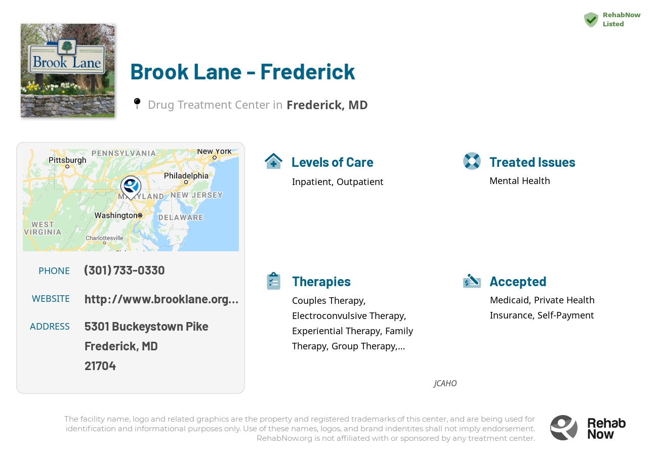 Helpful reference information for Brook Lane - Frederick, a drug treatment center in Maryland located at: 5301 Buckeystown Pike, Frederick, MD 21704, including phone numbers, official website, and more. Listed briefly is an overview of Levels of Care, Therapies Offered, Issues Treated, and accepted forms of Payment Methods.