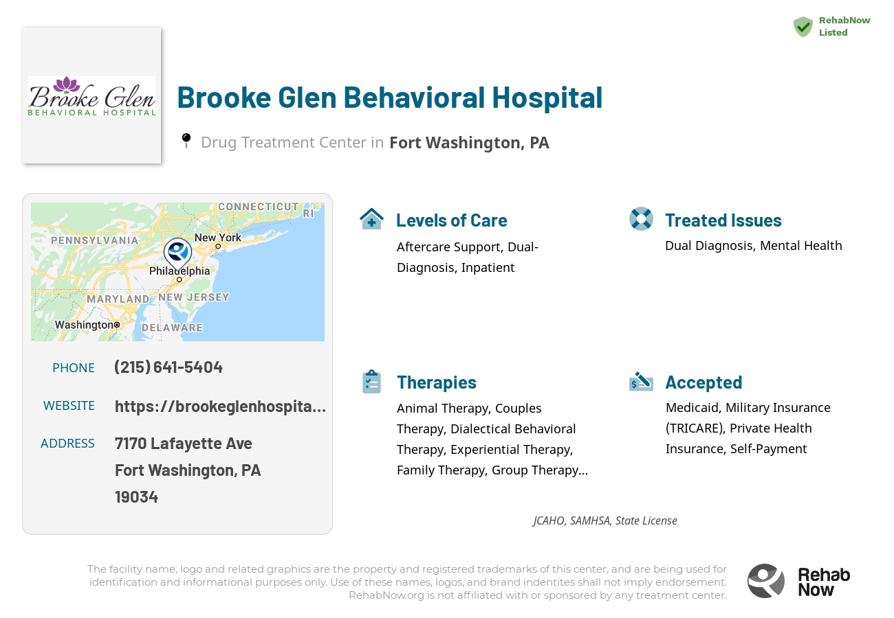 Helpful reference information for Brooke Glen Behavioral Hospital, a drug treatment center in Pennsylvania located at: 7170 Lafayette Ave, Fort Washington, PA 19034, including phone numbers, official website, and more. Listed briefly is an overview of Levels of Care, Therapies Offered, Issues Treated, and accepted forms of Payment Methods.