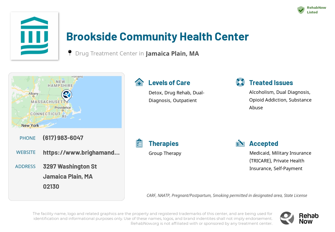 Helpful reference information for Brookside Community Health Center, a drug treatment center in Massachusetts located at: 3297 Washington St, Jamaica Plain, MA 02130, including phone numbers, official website, and more. Listed briefly is an overview of Levels of Care, Therapies Offered, Issues Treated, and accepted forms of Payment Methods.