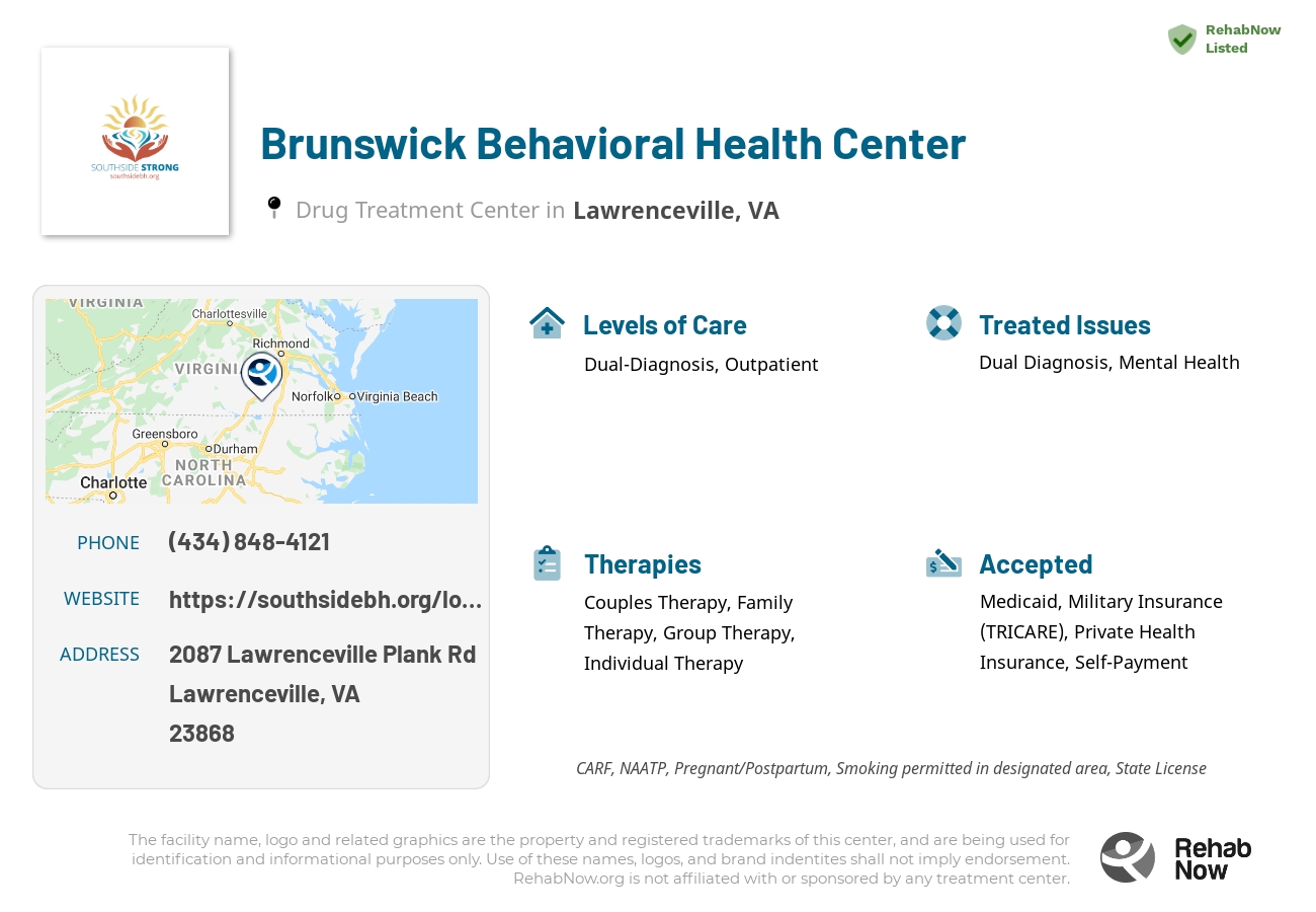 Helpful reference information for Brunswick Behavioral Health Center, a drug treatment center in Virginia located at: 2087 Lawrenceville Plank Rd, Lawrenceville, VA 23868, including phone numbers, official website, and more. Listed briefly is an overview of Levels of Care, Therapies Offered, Issues Treated, and accepted forms of Payment Methods.