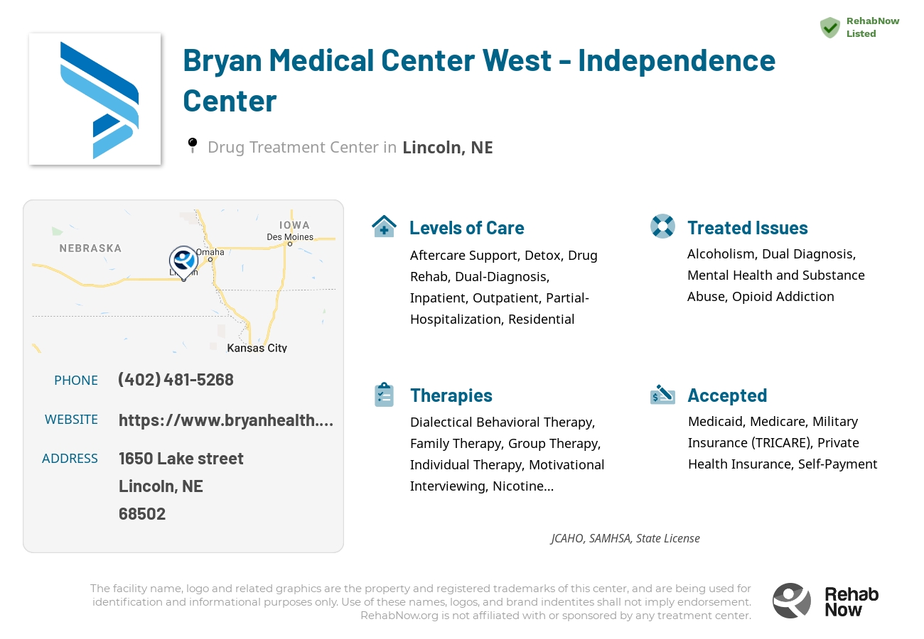 Helpful reference information for Bryan Medical Center West - Independence Center, a drug treatment center in Nebraska located at: 1650 1650 Lake street, Lincoln, NE 68502, including phone numbers, official website, and more. Listed briefly is an overview of Levels of Care, Therapies Offered, Issues Treated, and accepted forms of Payment Methods.