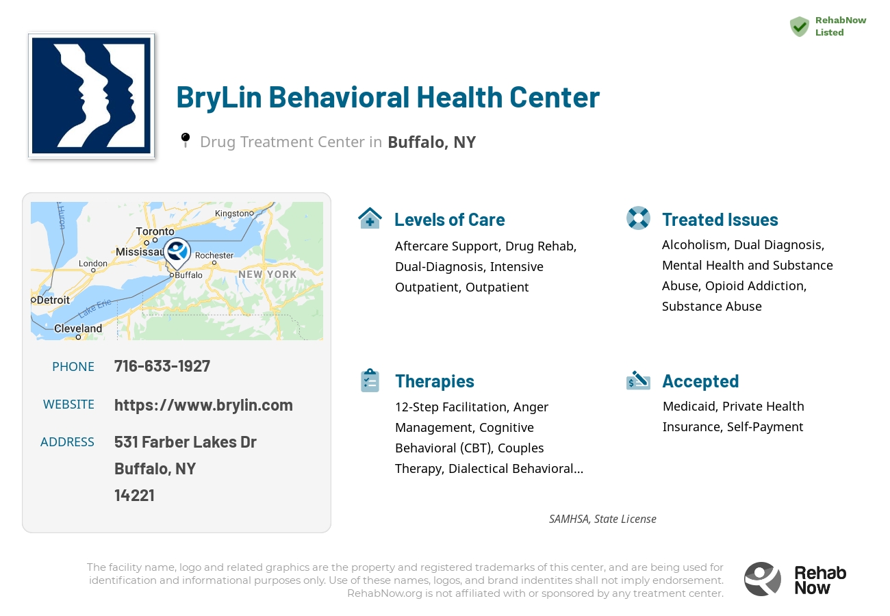Helpful reference information for BryLin Behavioral Health Center, a drug treatment center in New York located at: 531 Farber Lakes Dr, Buffalo, NY 14221, including phone numbers, official website, and more. Listed briefly is an overview of Levels of Care, Therapies Offered, Issues Treated, and accepted forms of Payment Methods.