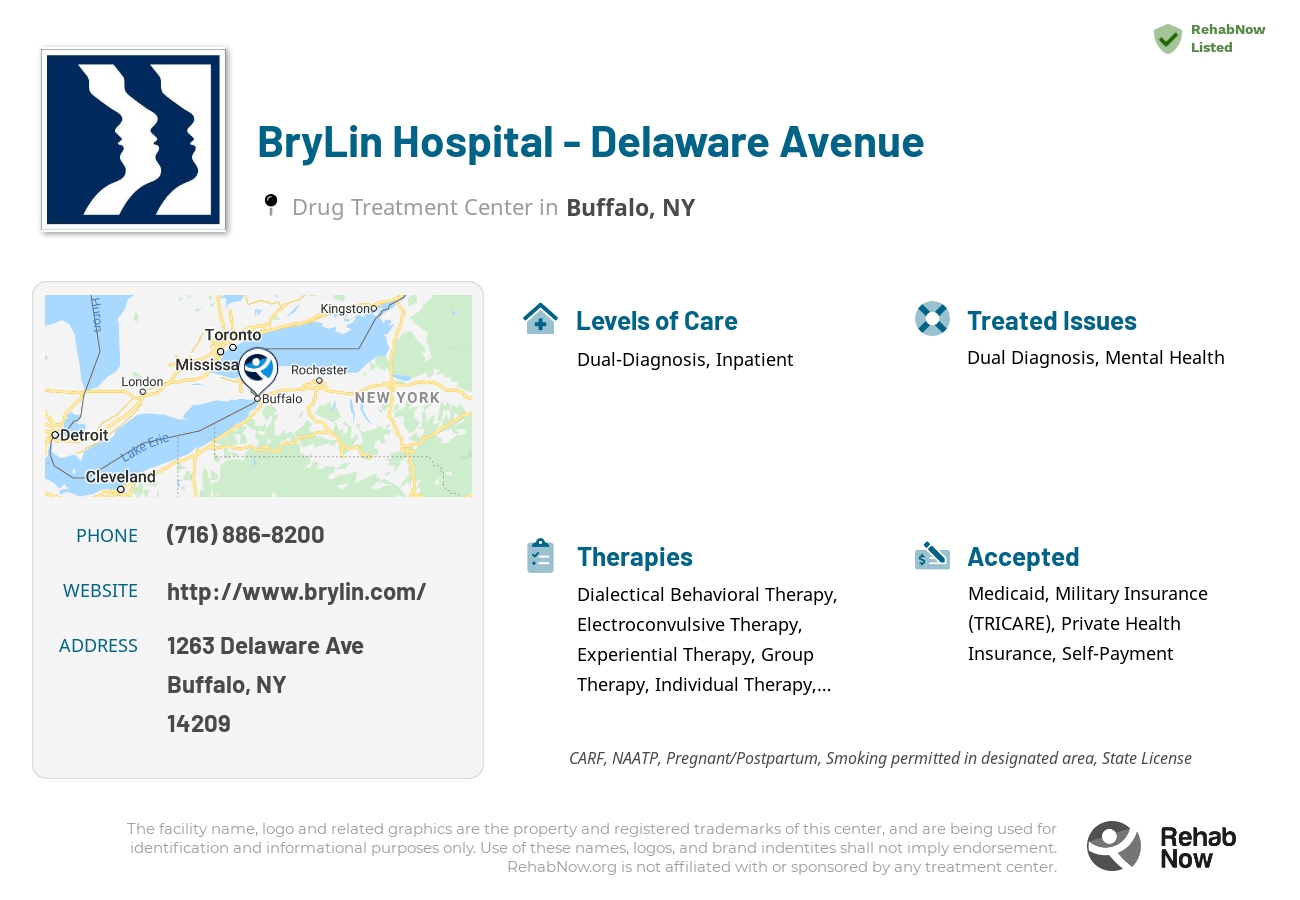 Helpful reference information for BryLin Hospital - Delaware Avenue, a drug treatment center in New York located at: 1263 Delaware Ave, Buffalo, NY 14209, including phone numbers, official website, and more. Listed briefly is an overview of Levels of Care, Therapies Offered, Issues Treated, and accepted forms of Payment Methods.