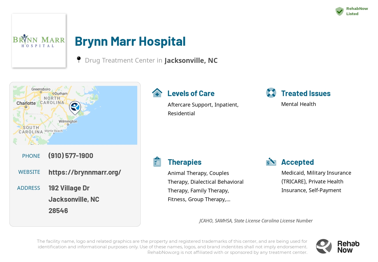 Helpful reference information for Brynn Marr Hospital, a drug treatment center in North Carolina located at: 192 Village Dr, Jacksonville, NC 28546, including phone numbers, official website, and more. Listed briefly is an overview of Levels of Care, Therapies Offered, Issues Treated, and accepted forms of Payment Methods.